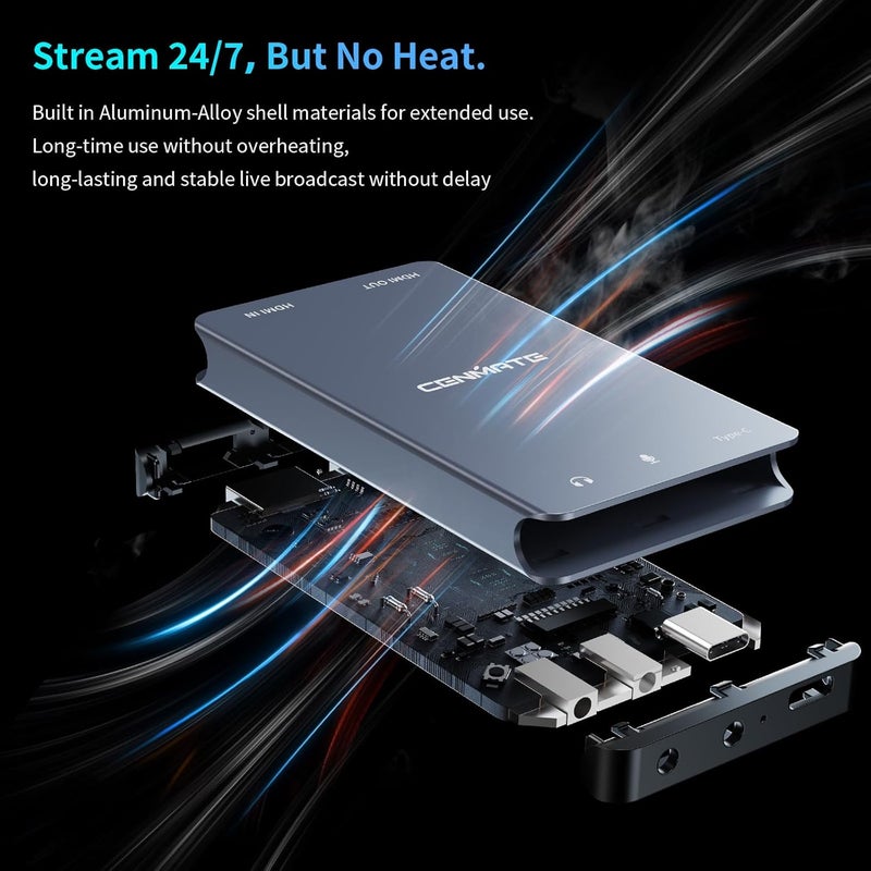 cenmate Aluminum HDMI Capture Card, USB 3.0 1080P 60FPS Audio Video Capture Card for Streaming/Gaming/Video Conference, 4K@30Hz Input & Pass-Through Capture Card for Nintendo Switch/PS5/Xbox/Camera/PC - Image 5